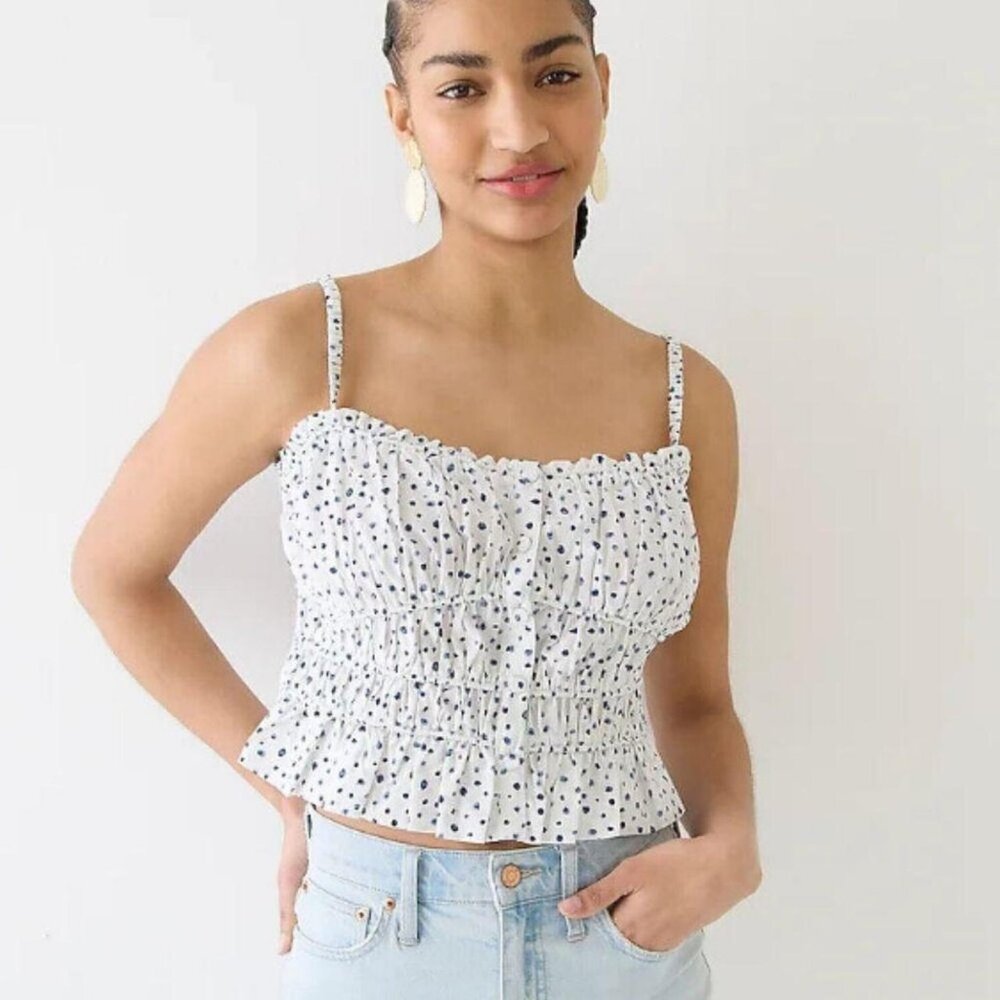 J. CREW Cinched-waist cotton poplin tank top in white dark blue dots Small NWT